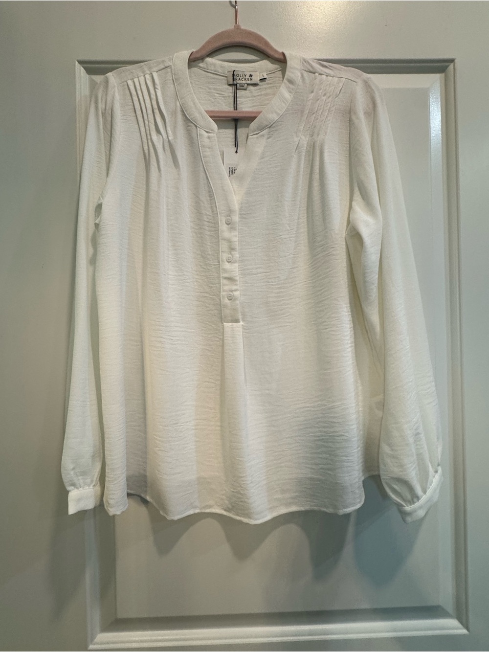 Molly Bracken Brand White Pintuck Henley Blouse